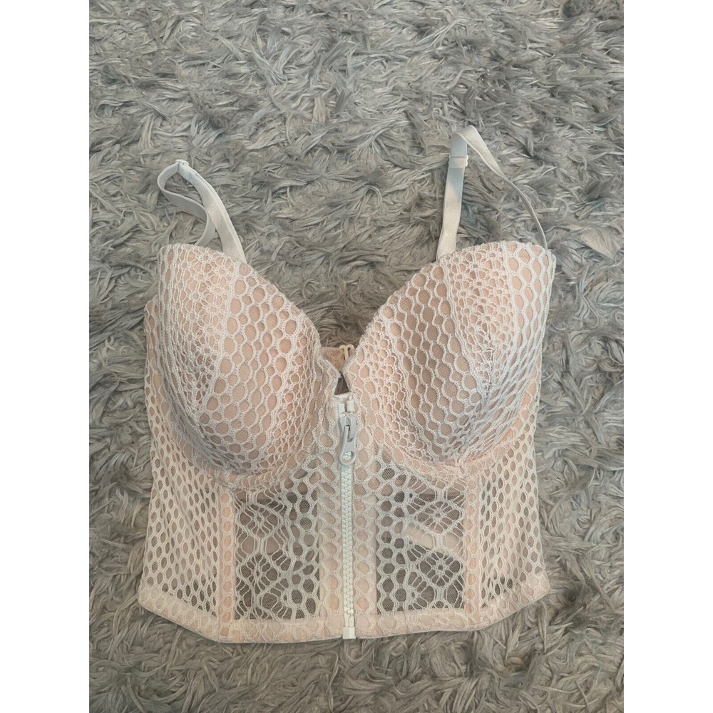 Victoria's Secret Lined Demi‎ Very Sexy Front Zip Longline Bra 32DD Ivory Nude